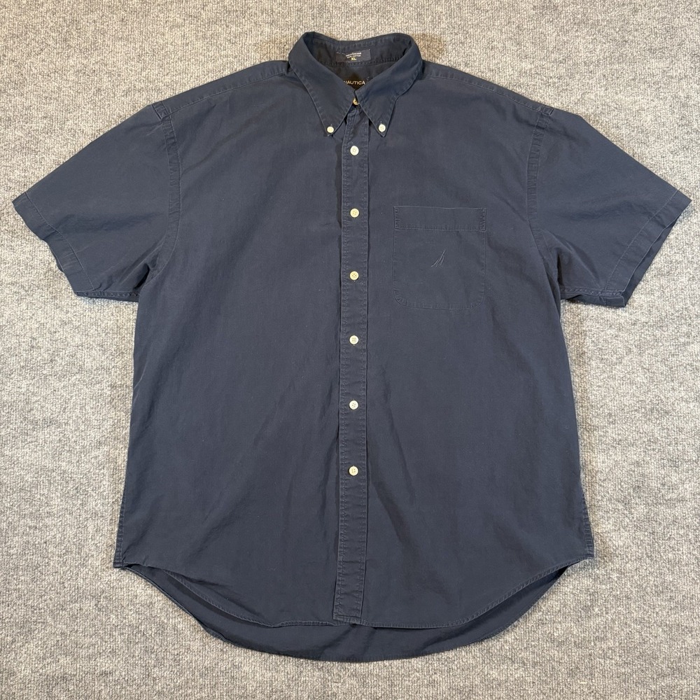 Vtg‎ 90s Nautica Mens Button Down Short Sleeve 100% Cotton Shirt Navy Blue XL